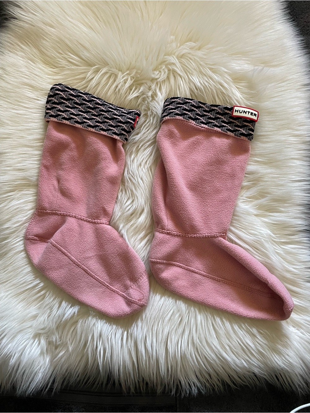 Hunter Pink Fleece Boot Liners with Black Pattern Cuff